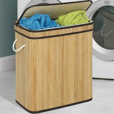 Best Choice Products Foldable Double Section Bamboo Hamper Laundry Basket w/ Removable Liner Bag - (Best Laundry Basket For Stairs)