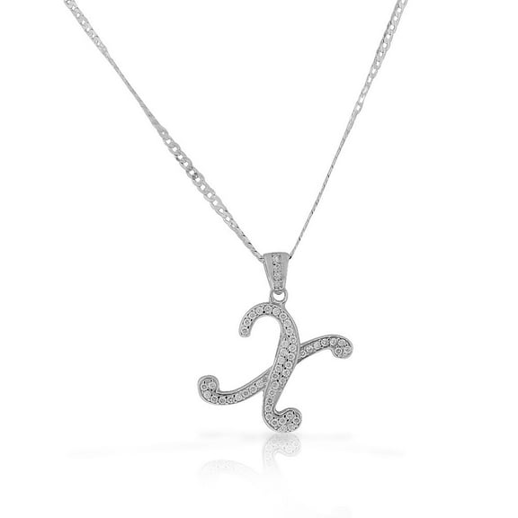925 Sterling Silver CZ Letter Initial "X" Pendant Necklace - X