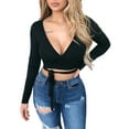 thumbnail image 2 of Qiylii Women Sexy Slim Crop Tops Deep V-Neck Front Lace-up Base Shirt, 2 of 8