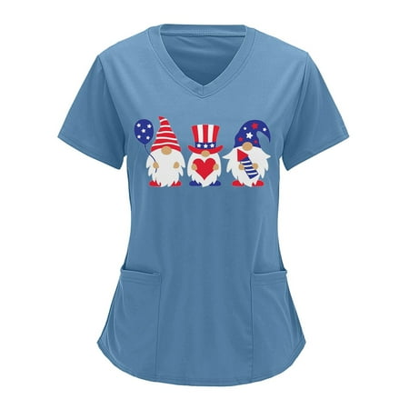 

4th Of July American Flag Tops Scrubs For Women Tops Blue Flag Printing Print Short Sleeve V Neck Solid Shirts Blouse With Pocket Nurse Uniforms Women