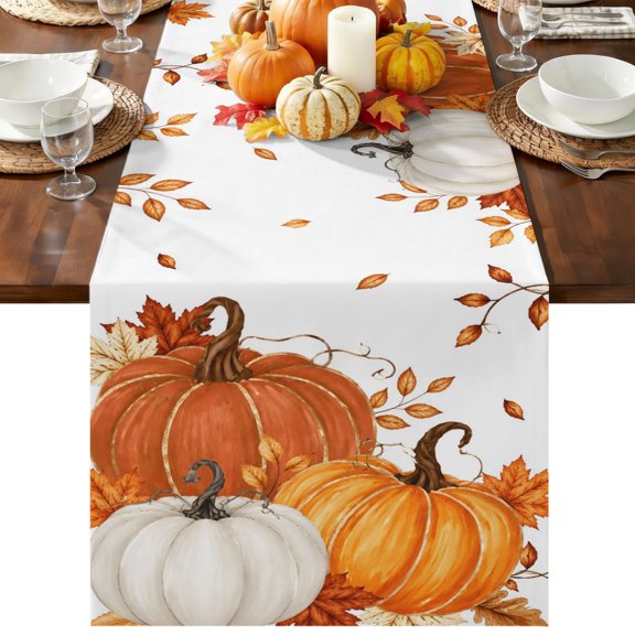 Burnt Orange Pumpkins Fall Table Runner 36 Inches Long, Kitchen Dining Table Decoration, Thanksgiving Botanical Maple Leaves Coffee Tablerunner Dress Scarves Farmhouse Décor for Party, 13 x 36