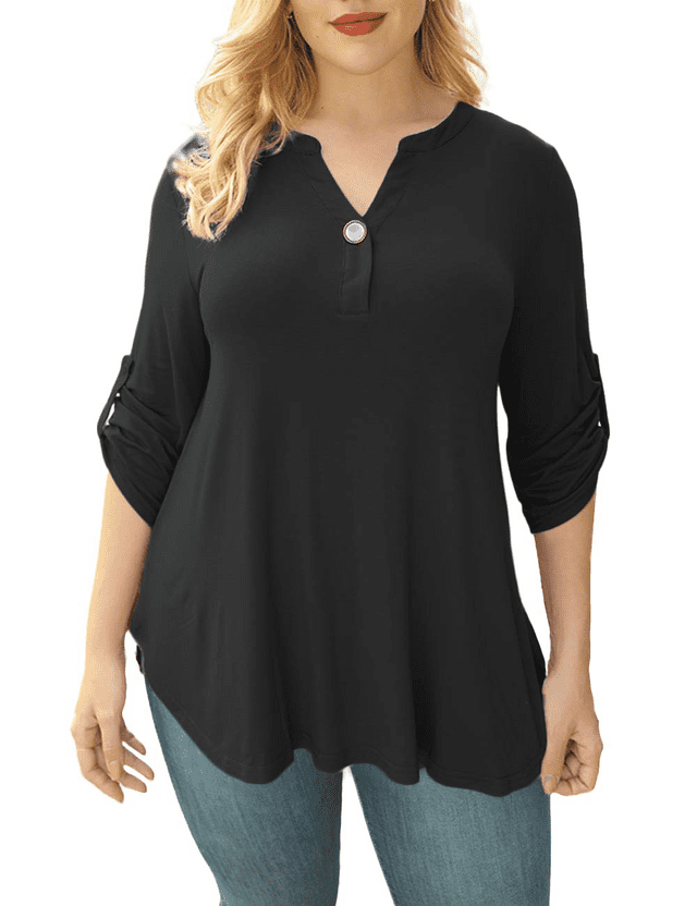LIENRIDY Women's Plus Size Tunic Tops 3/4 Roll Sleeves Blouses V Neck Henley Shirts M-4X 