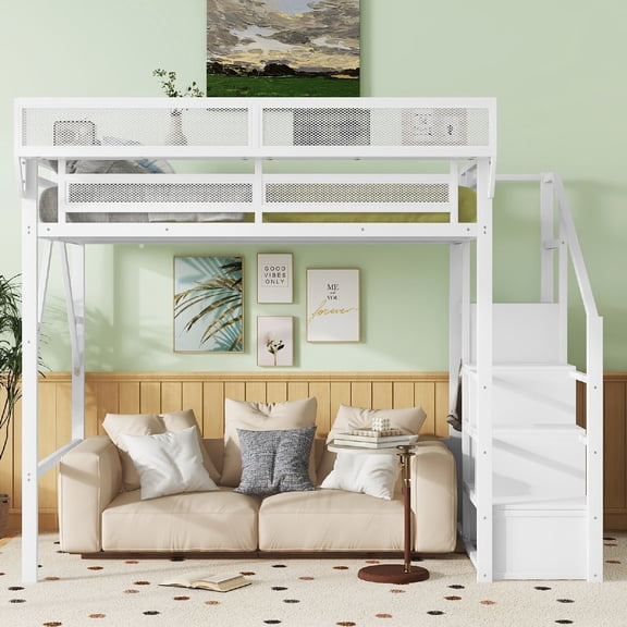 Full Size Loft Bed Frame with Storage Shelves and Wardrobe, Heavy Duty High Metal Loft Bed with Stairs and Underbed Space for Bedroom, Apartment,Mattress not included, White