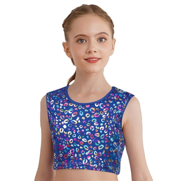 YiZYiF Kids Girls Shiny Metallic Crop Top For Hip Hop Street Dance Carnival 70s 80s Disco Party Vest Blue 130-140