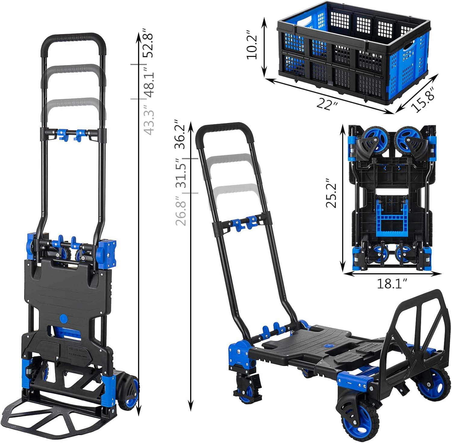 SHZOND 2 in 1 Folding Hand Truck Dolly with Basket, 330LBS Capacity  Hand Truck with 4 Wheels, Retractable Handle Collapsible Cart, Include 2 Bungee Cords, for Moving, Luggage, Office