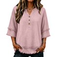 thumbnail image 2 of Linen Tops for Women V Neck Short Sleeve Blouses Loose Beach Clothes Western Frayed 2026 Gauze Shirts Fringe Tops Country Concert Bohemian Tops Tassel Cotton Linen Shirts,Pink,M, 2 of 5