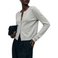 thumbnail image 2 of Women Crew Neck Drop Shoulder Button Down Cropped Knit Cardigan White Flower Ash M, 2 of 7