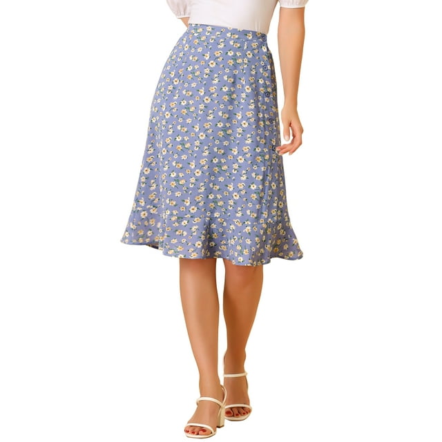 Faldas de mujer de cintura alta con flores Inspire Chic para el Día de la Madre, con vuelo, corte A, abertura, volantes, hasta la rodilla, M, púrpura claro