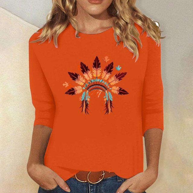 Heisall Women's Spring Autumn Tops 3/4 Sleeve Round Neck Casual Fashion Blouses Orange Festival Print Shirts
