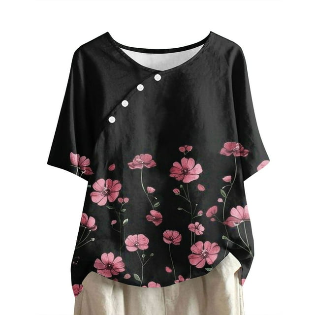 Tops de Lino para Mujeres Imprimir Suéter Cuello Redondo Manga Corta Superior Poliéster, Blusa de Moda Casual para la Primavera Y el Verano