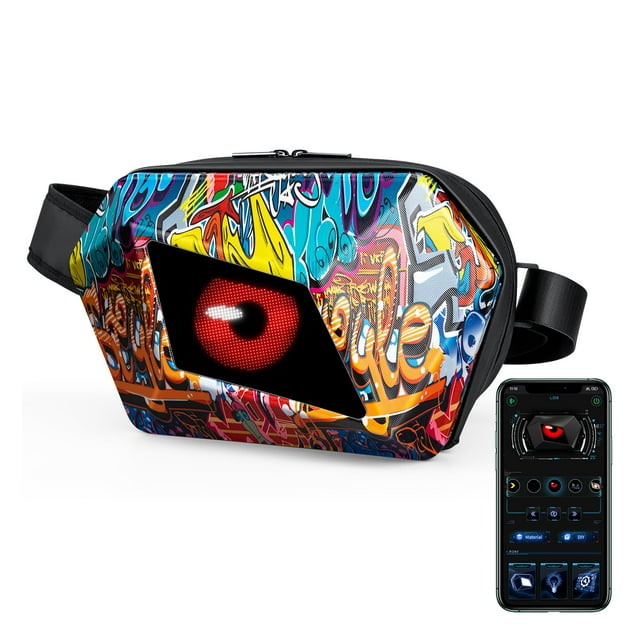 Gelrova Sac Banane LED Yeux de Diable, Écran LED DIY, Sac de Voyage Mode Extérieur, Graffiti