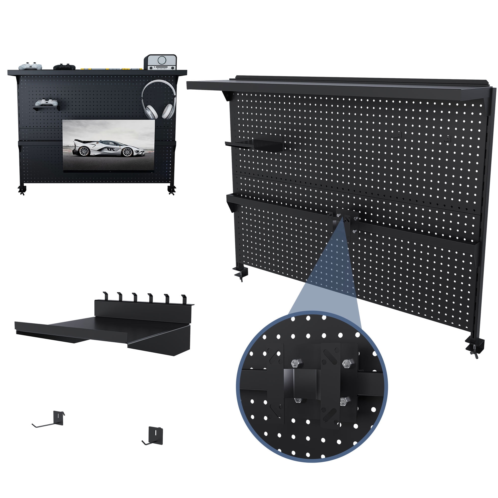 CQSXDA 43x35 Inch Clamp-On Desk Pegboard, Steel Organizer, Features Single Monitor Stand and Movable Hooks for Office Use, Black