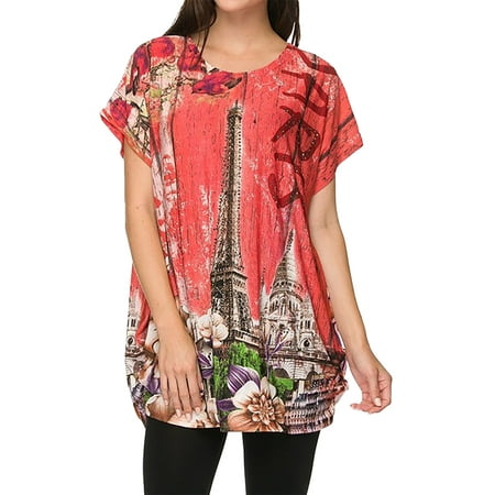 Rhinestone Printed Top - Belle Donne Ity allover Paris Eiffel Tower Print Tunic Top With Rhinestone Embellishment