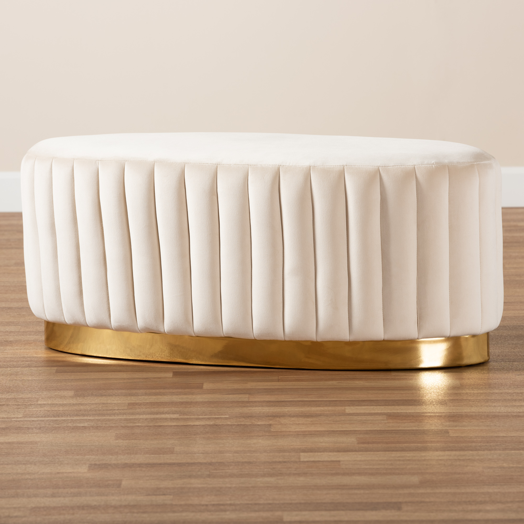 Baxton Studio Kirana Glam and Luxe Beige Velvet Fabric Upholstered and Gold PU Leather Ottoman