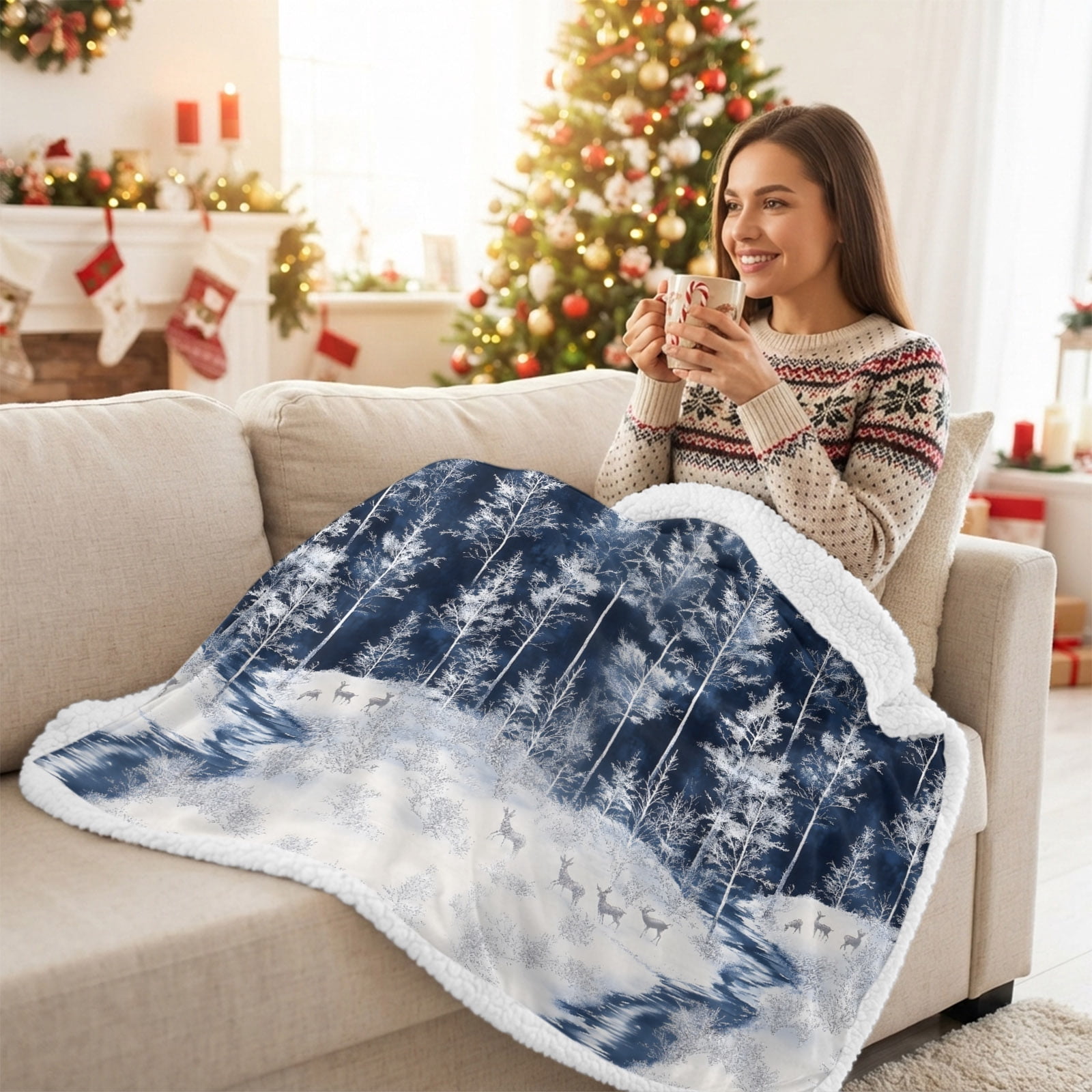 Sherpa Blankets Fleece Throw Blanket Reversible Soft Cozy Bed Blankets Winter Forest Elk Pine Trees,Flannel Sofa Throws,Snowfield Reindeer Trees Fuzzy Warm Blankets for Couch,50x60in