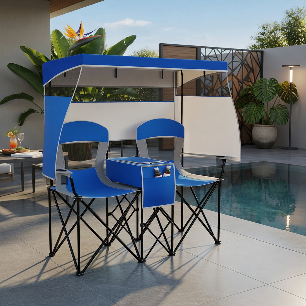 Hommoo Double Beach Chair with Adjustable UPF50+ Canopy, 3-Side Roll-Up Shade Curtains, Built-in Cooler Bag & Mesh Ventilation, Navy