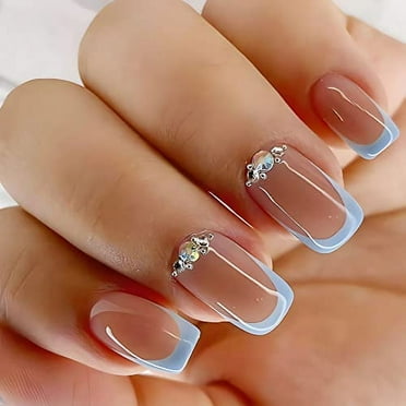 Blue French Tip Press on Nails Square Short Fake Nails Summer False Nails with Rhinestones Designs Acrylic Artificial Nails with Glue Glossy Stick on Nails for Women 24PCS