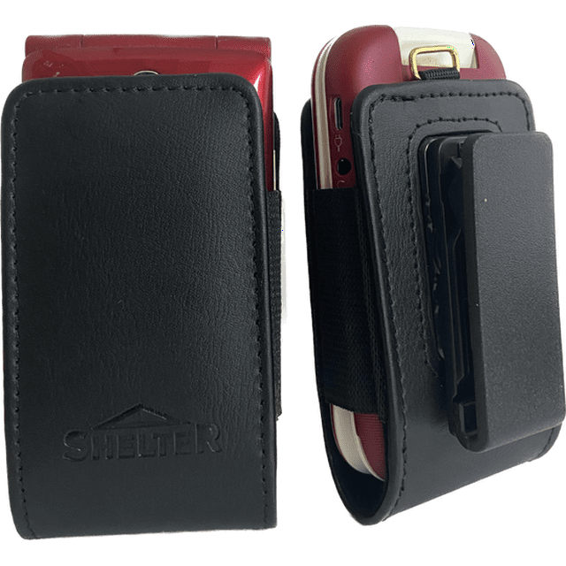 Open top Rugged leather case with Pinch clip that rotates fits Kyocera