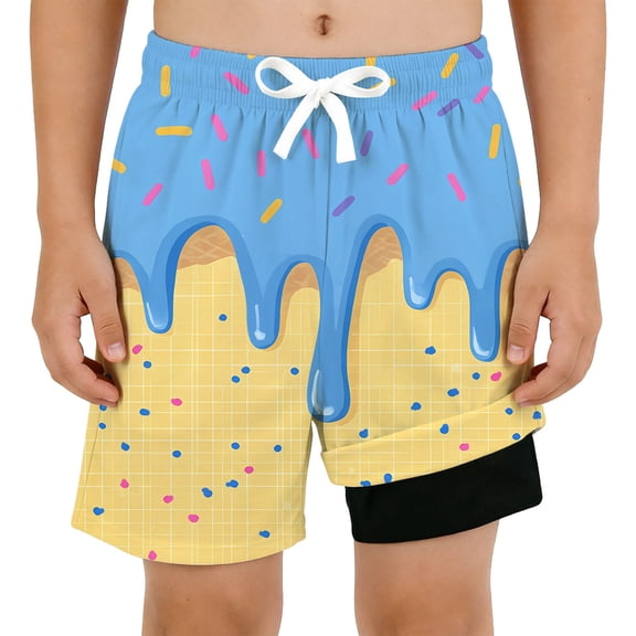 LIIPEE Boys Swimwear Bottoms Casual Summer Ice Cream Printed Elastic Waist Lace Up Double Layered Fashion Versatile Swim Trunks Kids Children Pool Party Beach Swimming Reusable Shorts,14-16 Years