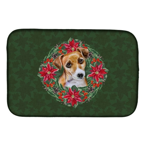 Jack Russell Terrier 2 Poinsetta Wreath Dish Drying Mat