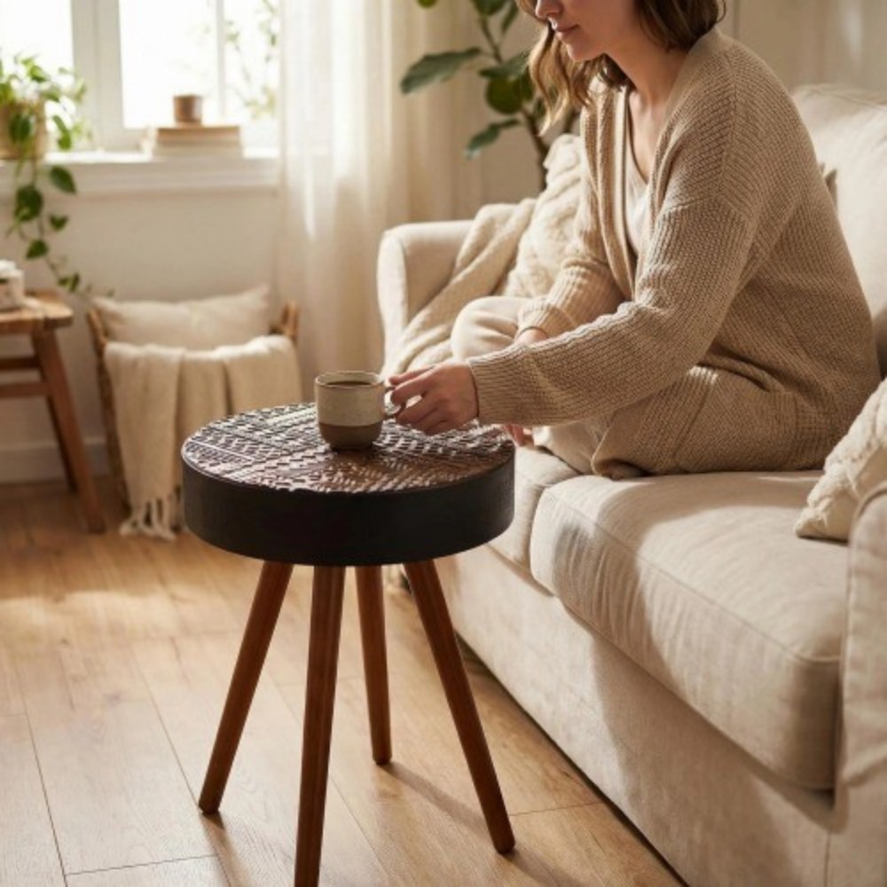 15.7" Round Drink Table, Small Wooden Side Table with Solid Wood Legs, Mid-Century Modern Accent Table for Living Room, Bedroom, Sofa, Brown & Black