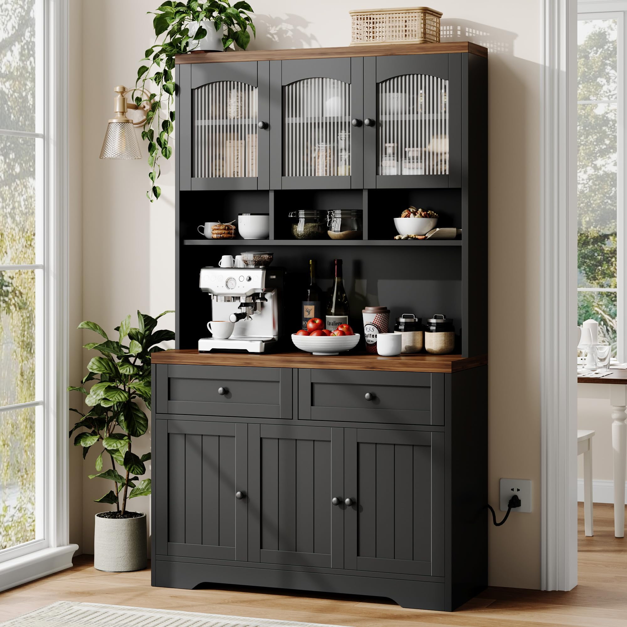 70.8" Tall Kitchen Pantry Cabinet with Charging Station, Storage Cabinet with Hutch, Fluted Glass Doors for Dining Room, Black
