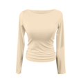 thumbnail image 4 of Ovticza Women's Boat Neck Tops Long Sleeve Shirts Casual Slim Fitted Tee Shirts Solid Color Fall Basic Clothes Beige M, 4 of 6