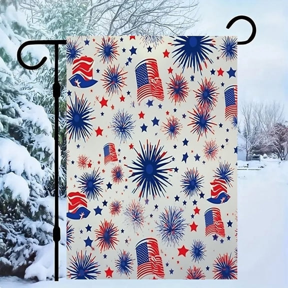 RKSupls Patriotic Linen Double Sided Garden Flag, Independence Day Themed Yard Decor, Patriotic Fireworks And Flags Pattern Design Outdoor Banner for Holiday Lawn