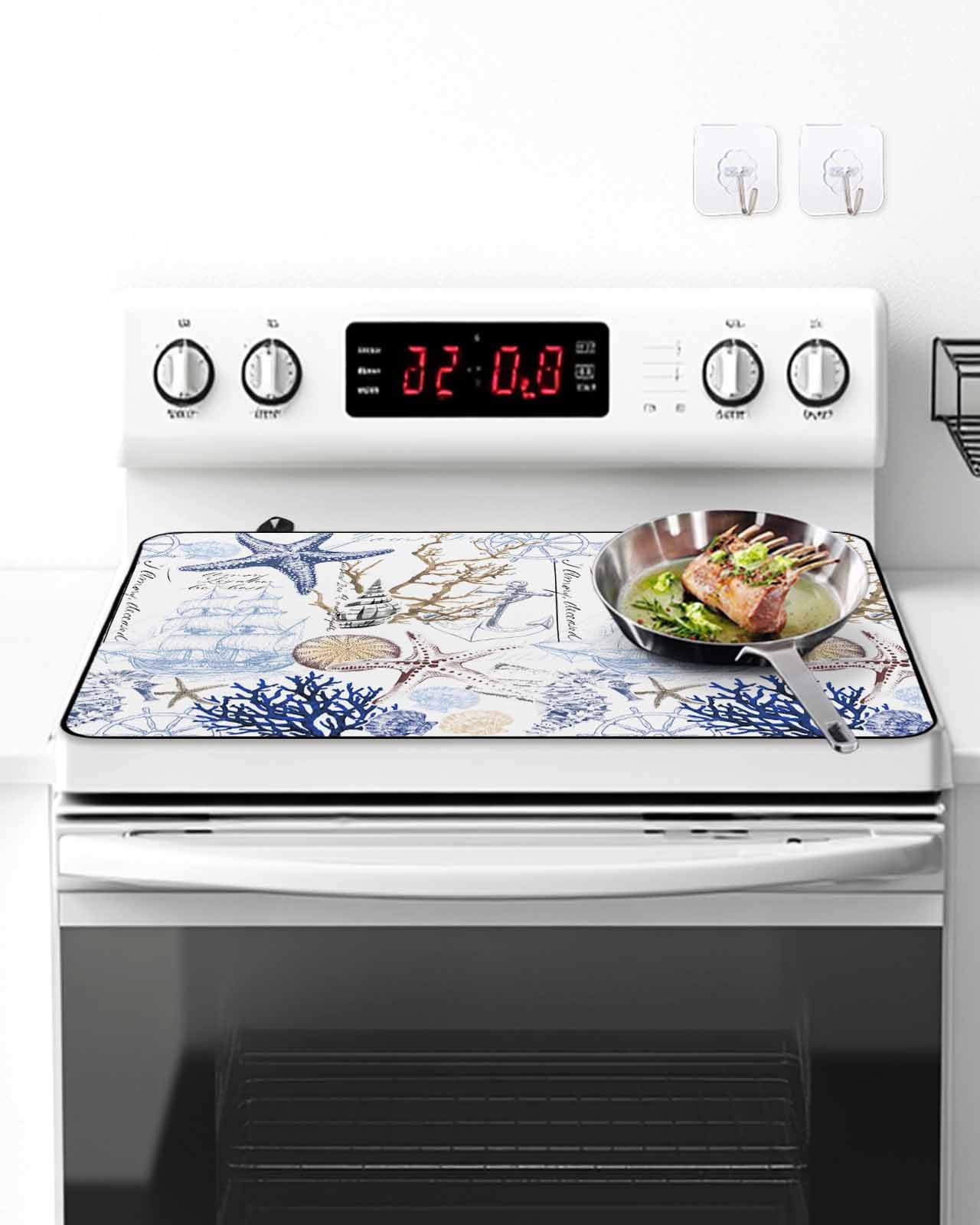 Stove Top Covers for Electric Stove, Blue Brown Coastal Glass Stovetop Cover Protector, Summer Beach Nautical Coral Starfish Induction Cooktop Protector Oven Mat for Kitchen Countertop 24"x21"
