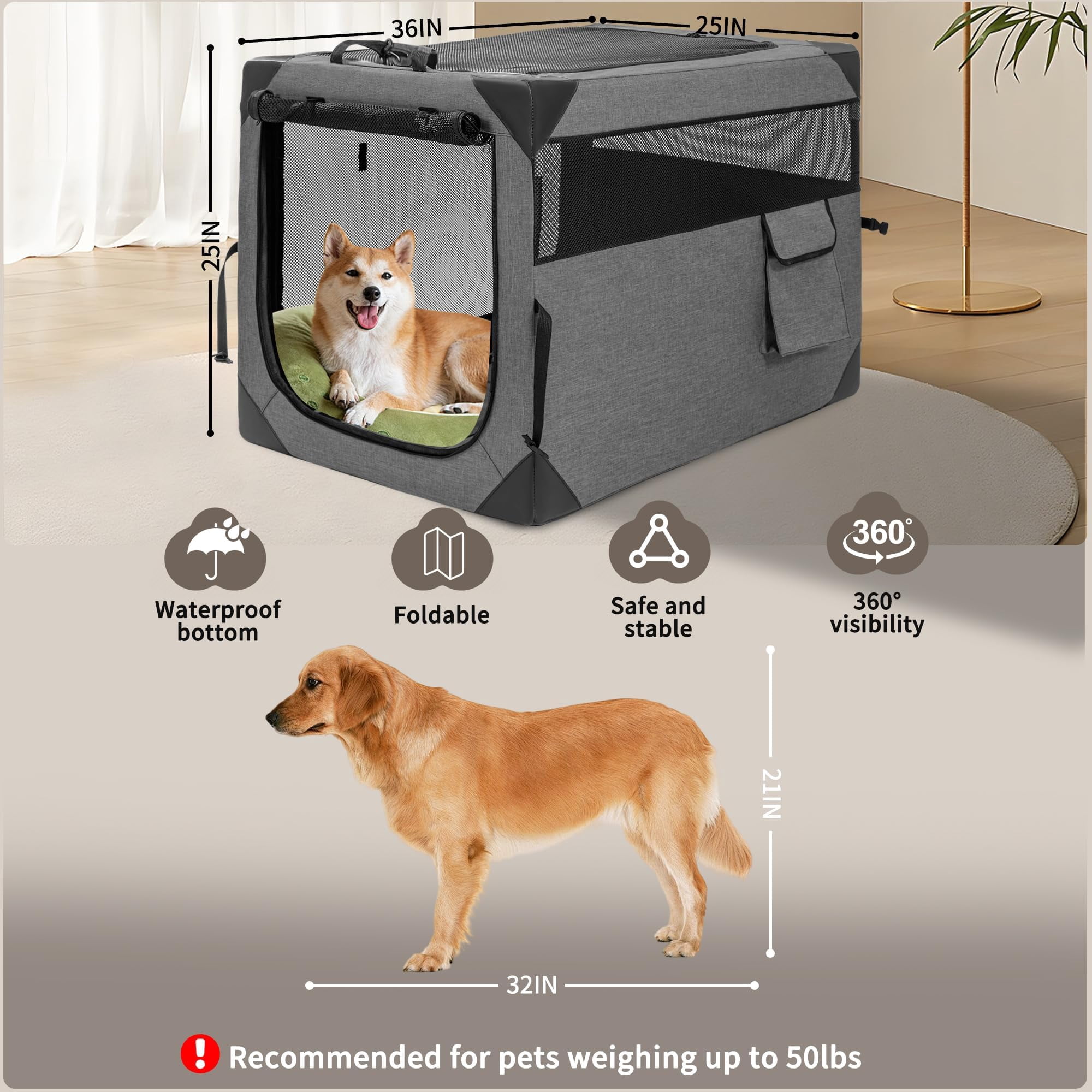 Dog Crates - 36 Inch Collapsible Soft Crate  3-door Foldable Kennel For Large Dogs Portable Pet Travel Cage With Chew Proof Mesh Window Indoors & Outdoors(dark Gray)