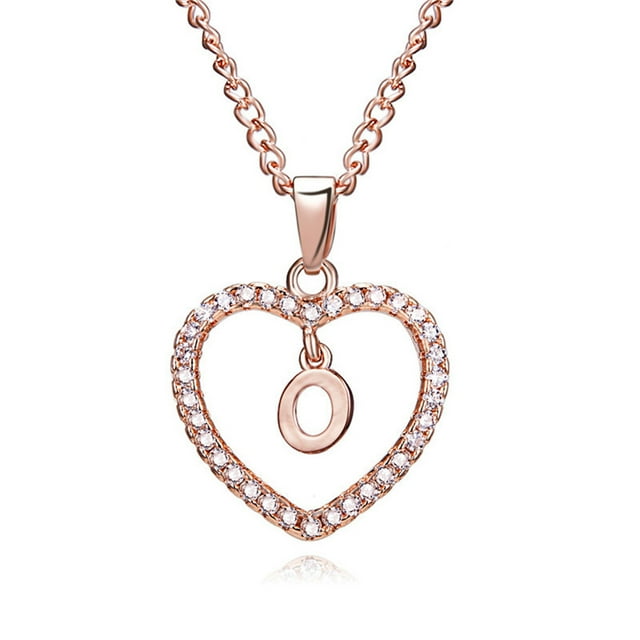 Maoww 26 Letters O Heart Shape Pendant Necklace Rhinestone Rose Golden Clavicular Chain Jewelry Couple Gift