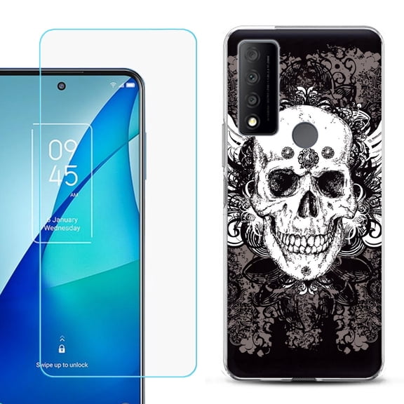 Slim-Fit Gel TPU Phone Case for TCL 4X 5G, with Tempered Glass Screen Protector, by OneToughShield ® - Grunge Skull