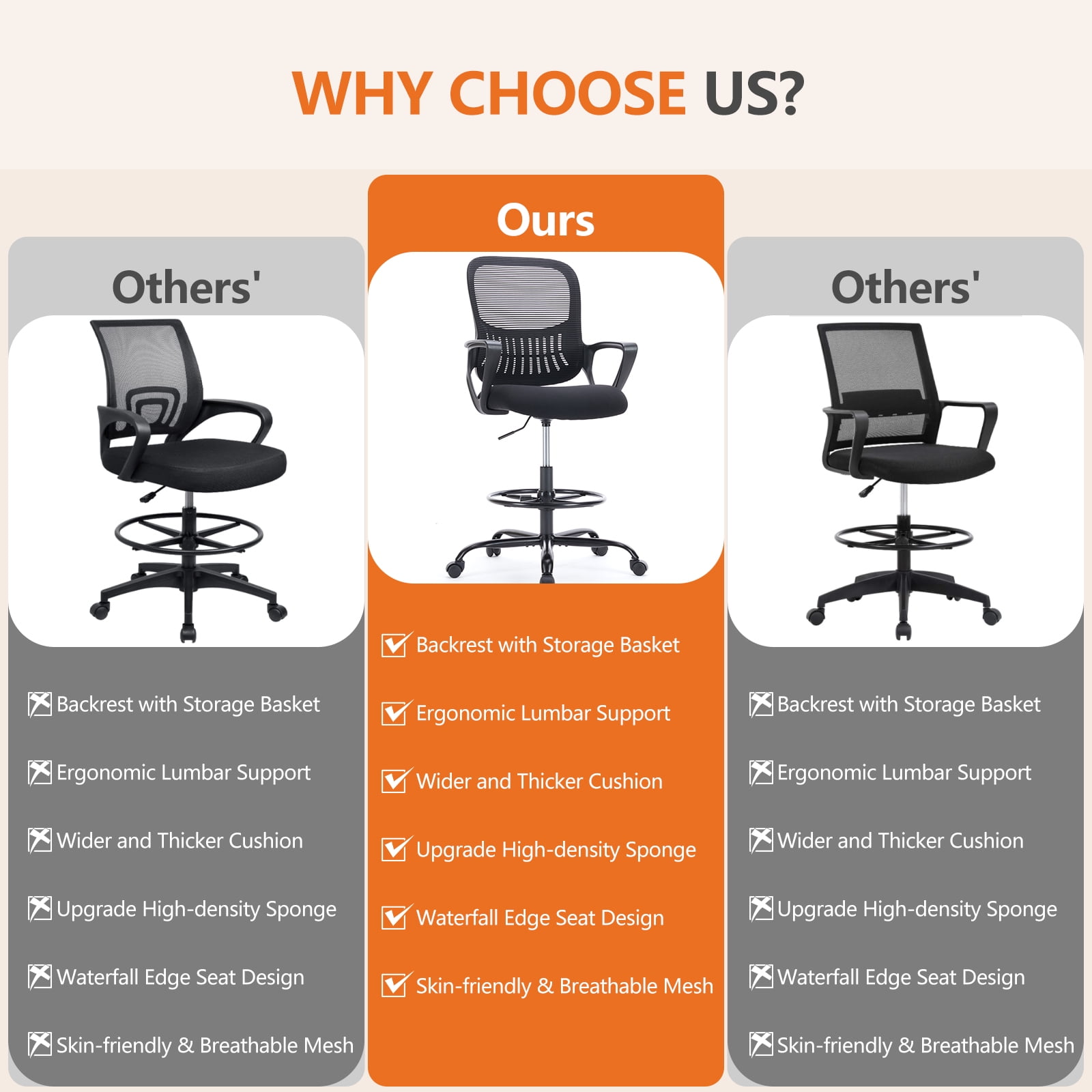 JONPONY Tall Drafting Office Chair,Desk Chair with Ergonomic Lumbar Support for Home, Office, Bedroom, for Adults,Black