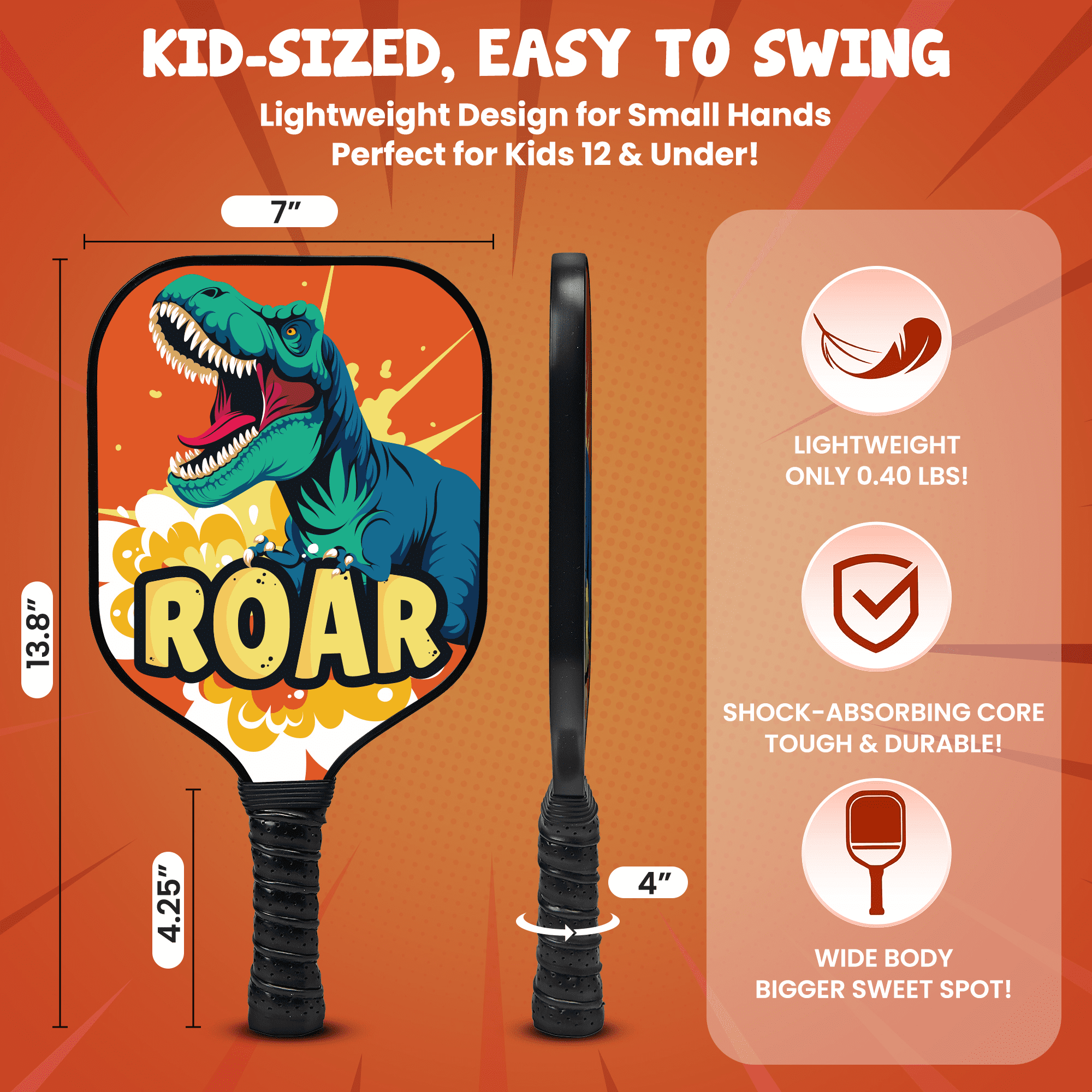 Kids Pickleball Paddle – Dinosaur Design for Ages 3–12 | Lightweight 0.37 lb Fiberglass Paddle with Small Grip | Fun Beginner Pickleball Gift for Boys & Girls