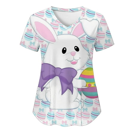 

TAIAOJING Scrubs for Women Casual Easter Bunny V Neck Print Short Sleeve Pocket Loose Top Carer Suit