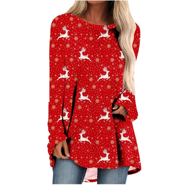 Camiseta de manga larga con cuello redondo y estampado navideño para mujer Pompotops qwe24309