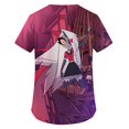 thumbnail image 3 of Hazbin Hotel Más Tamaño Impreso Scrub Uniforme de Trabajo Tops Para las mujeres V-cuello de Navidad Imprimir manga corta Diversión Camisetas Ropa de trabajo Camiseta con bolsillos Morado/M, 3 of 3
