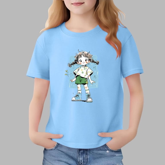 Avrnliq Girls' Blue Cartoon Graphic 100% Cotton Crewneck Short Sleeve Tee, Soft Breathable Machine Washable Casual T-Shirt for Little & Big Girls 2-13 Years,Size 5-6 T