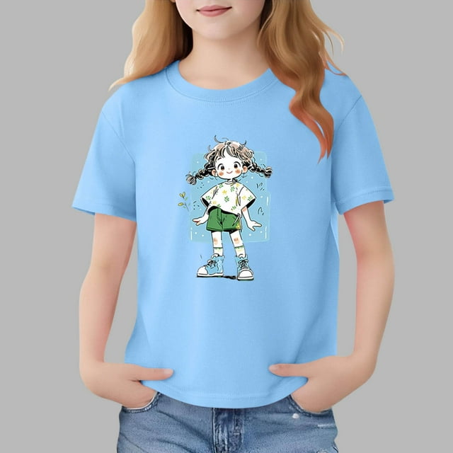 Blusas y camisas de manga corta con cuello redondo para niños Camiseta de verano de manga corta estampada para niñas Jersey elegante de cuello redondo para niñas Top de algodón para niños
