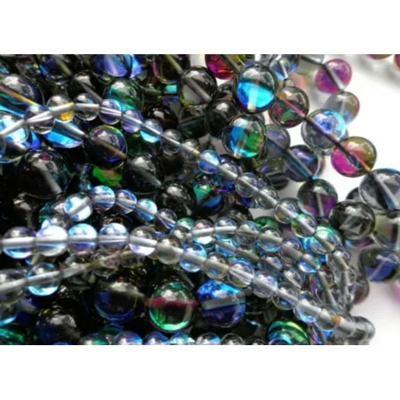K-KED Mermaid Glass Beads 6,8,10,12mm beads Round Beautiful Rainbow Glossy Black 15.5"-10mm