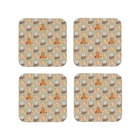 

Leather Coasters Set of 4 - Funny Cartoon Carton Cat Lightweight Non-Slip Drink Coasters for Desk Anti-Scalding Desk Cup Coasters for Office Table Decor Square