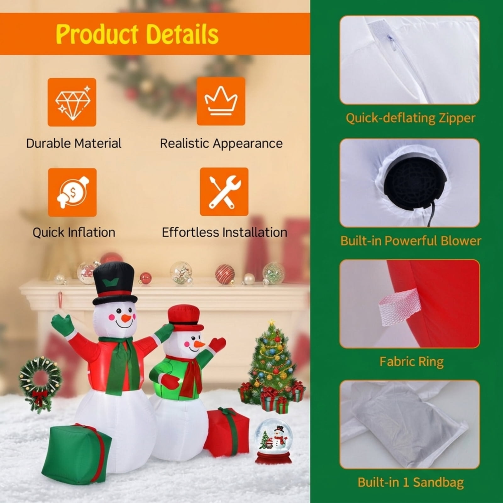 RUIE 6 FT Christmas Inflatable Snowmen, Blow Up Outdoor Snowman Decoration with LED Lights and Sandbag, Lighted Yard Decor for Lawn Garden