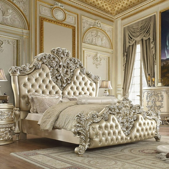 Acme Vatican Eastern King Bed, Synthetic Leather, Light Gold & Champagne Silver Finish, PU, Composite Wood, Resin, Upholstered