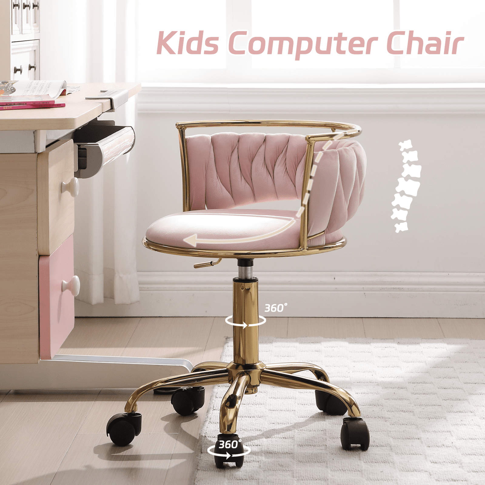 Guyou Kids Desk Chair, Velvet Rolling Swivel Children Chair, Adjustable Student Task Chair, Curved Woven Backrest Vanity Chair for Bedroom Dormitory Children Gifts, Pink