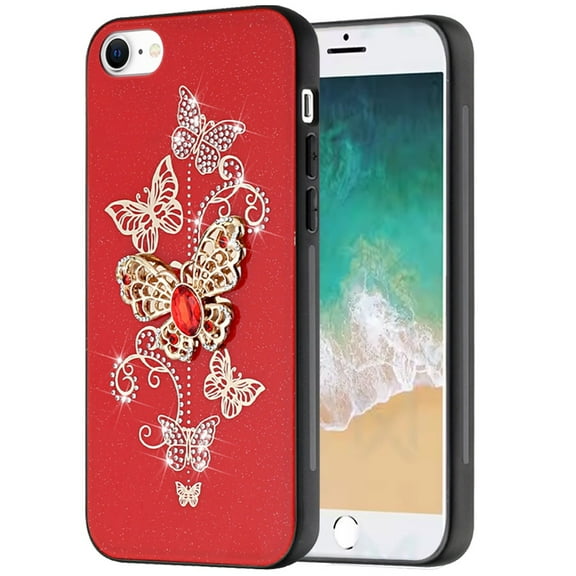 XPM for Apple iPhone 17E /16E Diamonds 3D Fashion Bling Sparkly Glitter Ornaments Engraving Hybrid with Ring Stand Phone Case Cover (Red Garden Butterflies)