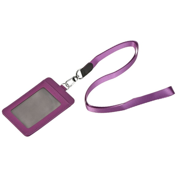Uxcell 11cm Vertical Badge Holder PU Leather ID Holder Detachable with 2 Slots and Neck Lanyard Purple