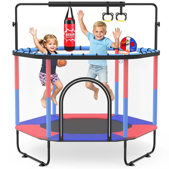 GIKPAL 60'' Kids Trampoline with Basketball Hoop & Safety Net, Rings, Gymnastic Bar, Indoor/Outdoor Toddler Trampoline Gift for Boys & Girls, Blue