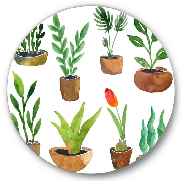 Designart 'Eight House Plants In Claypots' Traditional Circle Metal Wall Art 36x36 - Disc of 36