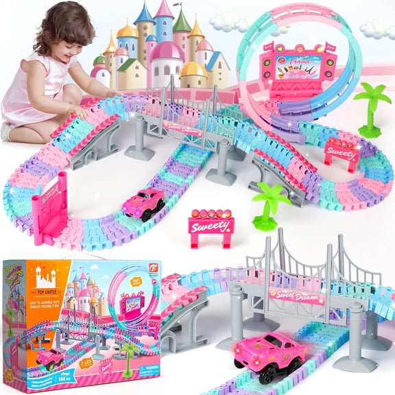 Huge Wave Slot Car Race Track Sets for Girls Boys 4-12, Flexible Race Car Playsets, 360° Loop Raceway Race Track, Best Christmas Birthday Car Toys for Kids, Pink