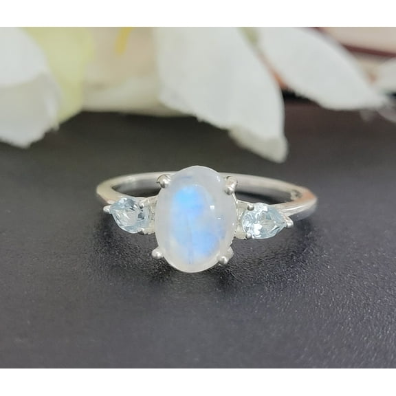 Blue Fire Rainbow Moonstone Ring - 925 Sterling Silver Ring - Three Gemstone Ring - Oval Moonstone Ring - Gift for Wife